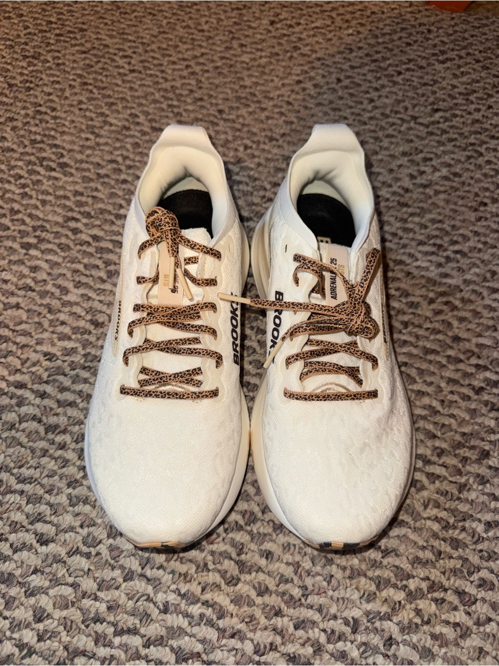 Brooks Women’s Adrenaline GTS 25 White Running Sneakers with Leopard-Print Laces
